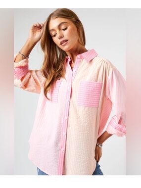 Davi & Dani Light Pink & Peach Button-Up Patch Pocket Shirt